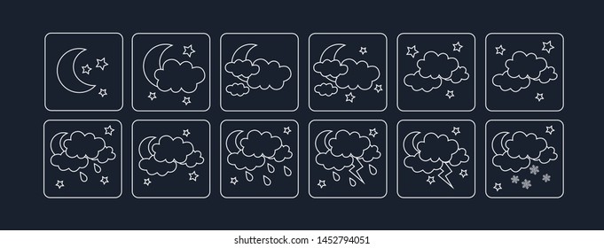 Weather vector icons flat design. Set cartoon cute cloud and moon.