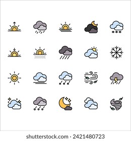Weather vector icons with flat line color style