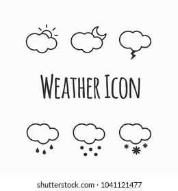 Weather vector icons isolated design, meteorology sign, also includes symbols such as cloudy, sun, storm, rain, snow. Collection of weather, nightly, breeze and other elements. Vector illustration.