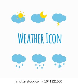 Weather vector icons in isolated design, meteorology sign, also include symbols such as cloudy, sun, storm, rainy, snow. Collection of weather, nightly, breeze and other elements. Vector illustration.