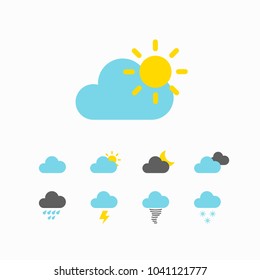 Weather vector icons in isolated design, meteorology sign, also include symbols such as cloudy, sun, storm, rainy, snow. Collection of weather, nightly, breeze and other elements. Vector illustration.