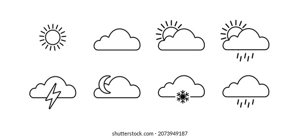 Weather vector icons set inline style. Sun and clouds logo