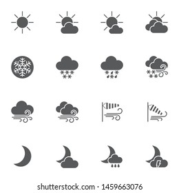 Weather vector icons set, modern solid symbol collection, filled style pictogram pack. Signs, logo illustration. Set includes icons as meteorology, windsock, wind blow, sunny and cloudy, rainy night