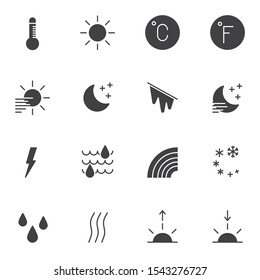 Weather vector icons set, modern solid symbol collection, filled style pictogram pack. Signs, logo illustration. Set includes icons as celsius thermometer, freeze, night haze, lightning, thunderstorm