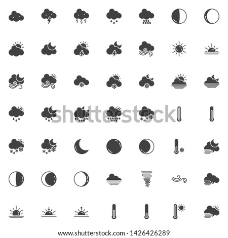 Weather vector icons set, modern solid symbol collection, filled style pictogram pack. Signs, logo illustration. Set includes icons as temperature thermometer, rain clouds, sun, thunderstorm, storm