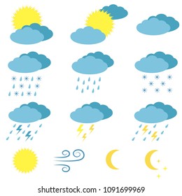 Weather vector icons set. Sun, cloudy, rainy, storm, wind icons