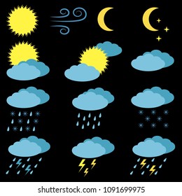 Weather vector icons set. Sun, cloudy, rainy, storm, wind icons