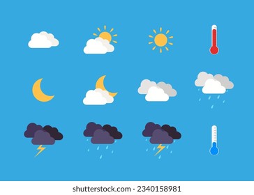 Weather vector icons. Summer and autumn weather. Isolated on blue background.	
