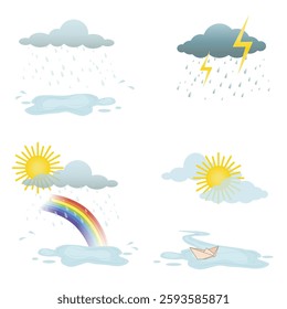 Weather vector illustration collection. Contains sun, clouds, rain and thunderstorm weather on white background. Climate symbol. Vector illustration