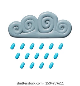 Weather vector illustration of element for nature - plastic rain from rainy gray cloud. Realistic isolated sculpture of water drops from cloudy overcast. Decorative art or sign of rain in air.