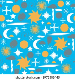 Weather vector illustration with star, sun, lightning, moon, snowflake, cloud, rain, and hurricane on a bright blue background. Seamless pattern.