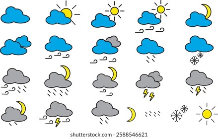  weather vector illustrations with various conditions, such as rainy, sunny, snowy, windy and more