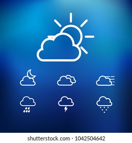 Weather vector lined icons design, meteorology sign, also include symbols such as cloudy, sun, storm, rainy, snow. Collection of weather, nightly, breeze and other elements. Vector illustration.