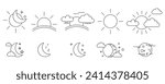  weather vector rising or cloud sun setting icons set. Weather forecast sign symbols meteorology, Bundle of day and night time pictograms drawn with black contour lines on white background.