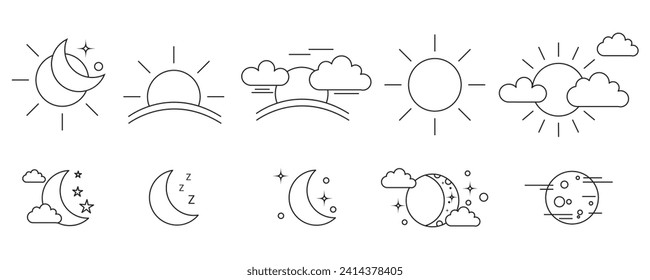  weather vector rising or cloud sun setting icons set. Weather forecast sign symbols meteorology, Bundle of day and night time pictograms drawn with black contour lines on white background.