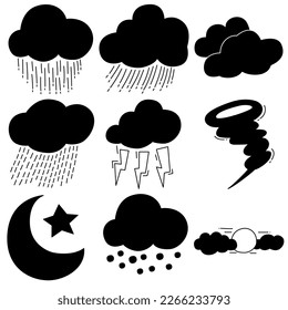Conjunto de vectores meteorológicos aislados en fondo blanco, estilo dibujado a mano con dibujos del tiempo.