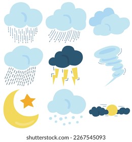 Weather vector set isolated on white background, Weather simple cartoon hand drawn style.