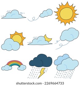 Weather vector set isolated on white background, Weather simple cartoon hand drawn style.