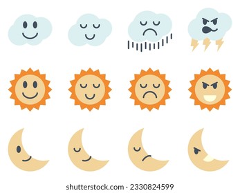 Conjunto de vectores meteorológicos, estilo de dibujos animados simples del tiempo, conjunto de iconos del tiempo.