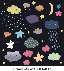 Weather vector set,Emoji vector clouds in night sky