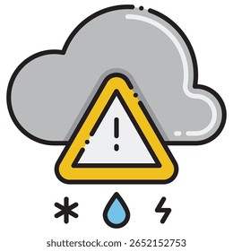 Weather Warning Icon with Cloud, Exclamation Mark, Snowflake, Ra