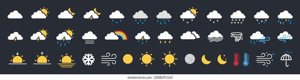 Weather web icon set. Weather , clouds, sunny day, moon, snowflakes, wind, sun day. Forecast weather flat symbols. Pictogram vector illustration.