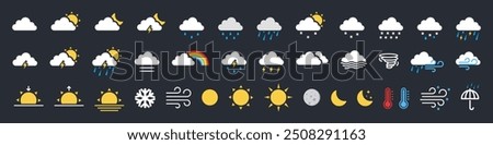 Weather web icon set. Weather , clouds, sunny day, moon, snowflakes, wind, sun day. Forecast weather flat symbols. Pictogram vector illustration.