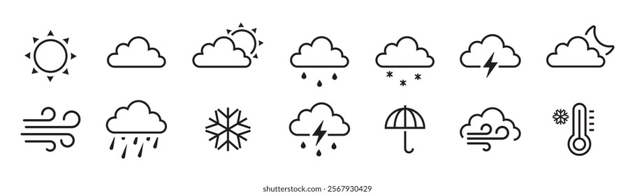 Weather web icon set in line style. Weather , clouds, sunny day, moon, snowflakes, wind, sun day. Forecast weather flat symbols. Pictogram vector illustration.