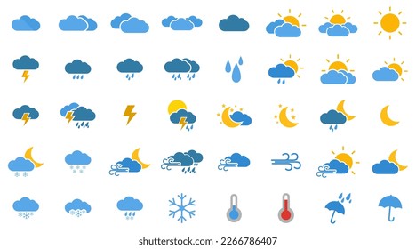 Set von 50 Wetter-Web-Icons. Wetter, Wolken, Sonnentag, Mond, Schneeflocken, Wind, Sonnentag. Vektorgrafik.