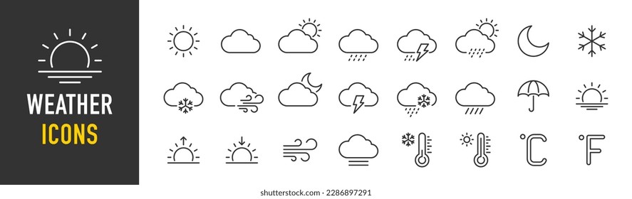 Weather web icons in line style. Clouds, sun, moon, snowflakes, wind, sunny day, collection. Vector illustration.