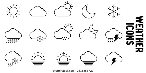 Clima em ícones da Web em estilo de linha. Nuvens, sol, lua, flocos de neve, vento, dia ensolarado, coleção. Arte em linha.