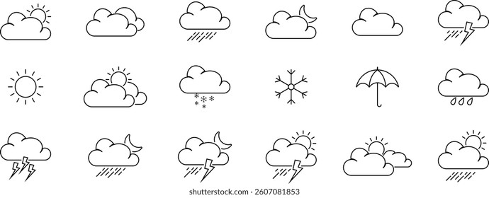 Weather Web Icons in Line Style – Clouds, Sun, Moon, Snowflakes and Wind