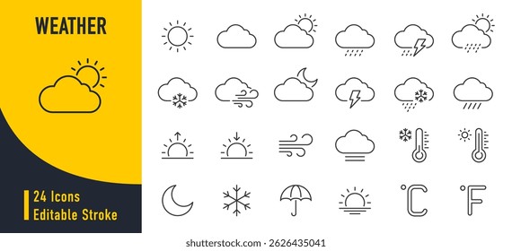 Weather web icons in line style. Clouds, sun, moon, snowflakes, wind, sunny day, collection. Vector illustration.	