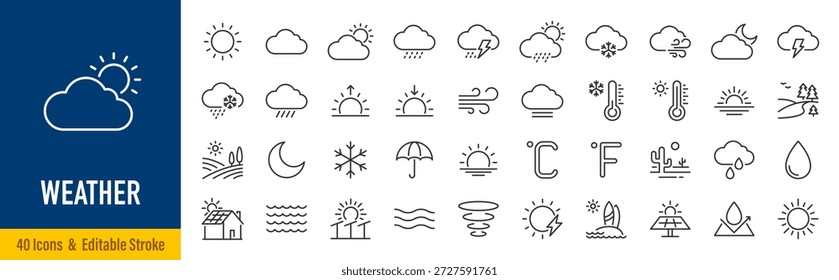 Weather web icons in line style. Clouds, sun, moon, snowflakes, wind, sunny day, collection. Editable stroke. Vector illustration.	
