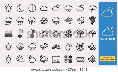 Weather web icons in line style. Clouds,  sunny day,sun, moon, snowflakes, wind, collection. Editable stroke. Vector illustration.
