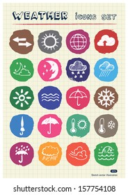 Weather web icons set drawn by chalk. Hand drawn vector elements pack isolated on paper