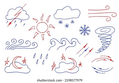 Iconos de la web del clima dibujados por lápices de colores, dibujos vectoriales de garabatos. Chilenos como dibujos de iconos de sol, nube, lluvia, luna con nubes y estrellas, tornado, trueno, copo de nieve, nevada, nieve, viento