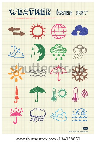 Weather web icons set drawn by color pencils. Hand drawn vector elements pack isolated on paper