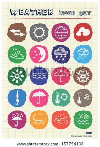 Weather web icons set drawn by chalk. Hand drawn vector elements pack isolated on paper