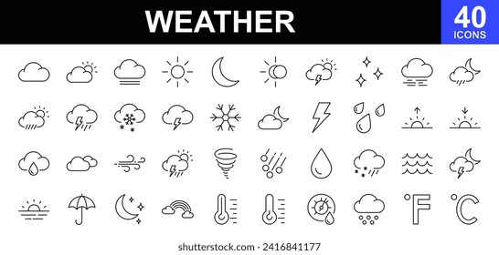 Weather web icons set. Weather forecast - simple thin line icons collection. Containing clouds, temperature, sunny day, rain, wind and more. Simple web icons set