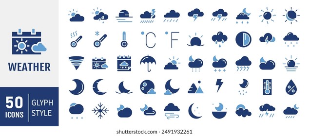 Conjunto de iconos web de Clima. Pronóstico del Clima - colección de iconos de Clima de glifos. Conteniendo nubes, temperatura, día soleado, lluvia, viento y más. Conjunto de iconos web simples