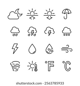 Weather web icons set. Weather forecast - simple thin line icons collection. Containing clouds, temperature, sunny day, rain, wind and more. Simple web icons set