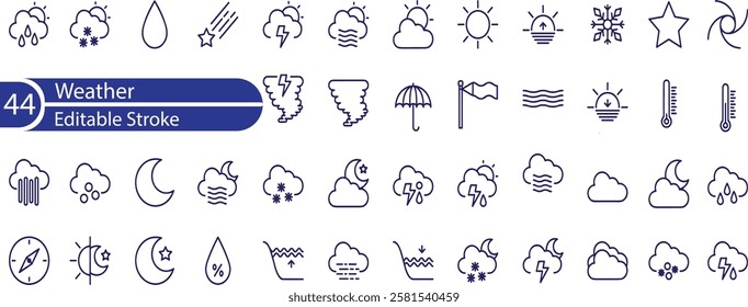 Weather web icons set. Weather forecast - simple thin line icons collection. Containing clouds, temperature, sunny day, rain, wind and more.