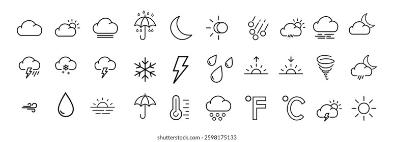 Weather web icons set. Weather forecast - simple thin line icons collection. Containing clouds, temperature, sunny day, rain, wind and more. Simple web icons set.