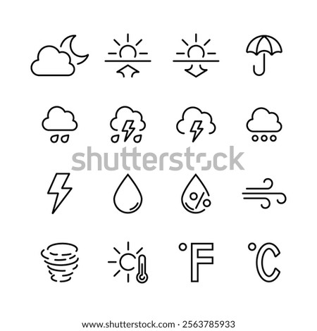 Weather web icons set. Weather forecast - simple thin line icons collection. Containing clouds, temperature, sunny day, rain, wind and more. Simple web icons set