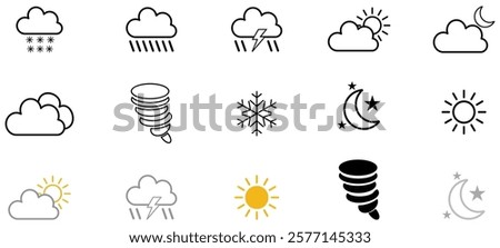 Weather web icons set. Weather forecast - simple thin line icons collection. Containing clouds, temperature, sunny day, rain, wind and more. Simple web icons set