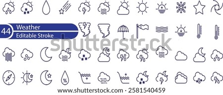 Weather web icons set. Weather forecast - simple thin line icons collection. Containing clouds, temperature, sunny day, rain, wind and more.