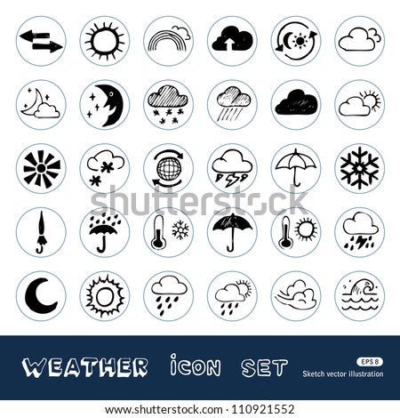 Weather web icons set. Hand drawn sketch illustration isolated on white background