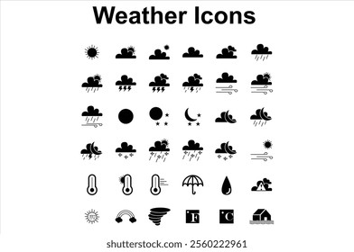 Weather Web Icons. Sunny, Cloudy, Rainy, Snowy, Temperature. Vector, Icons. Weather icons on white background. Set of weather icons.