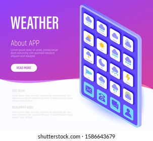 Weather web page template. Buttons on tablet with flat isometric icons. Rain, overcast, partly cloudy, fog, snow, thunderstorm, hail, sleet, rainbow. Vector illustration.